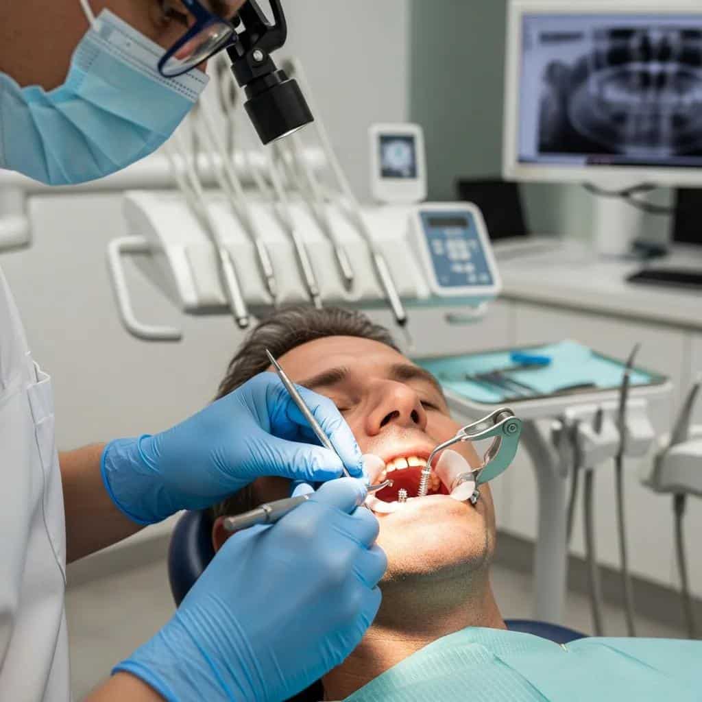 Dentist placing a mini dental implant in a patient’s mouth at our modern Fort Worth clinic