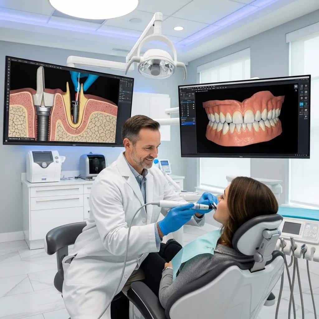 Dentist using digital scanning technology for dental implants in a modern dental office