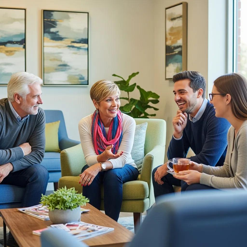 Diverse group of patients discussing their positive dental implant experiences