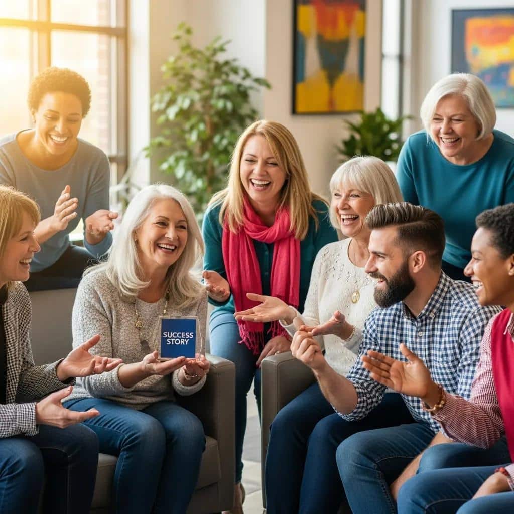 Group of happy patients who received mini dental implants sharing their stories