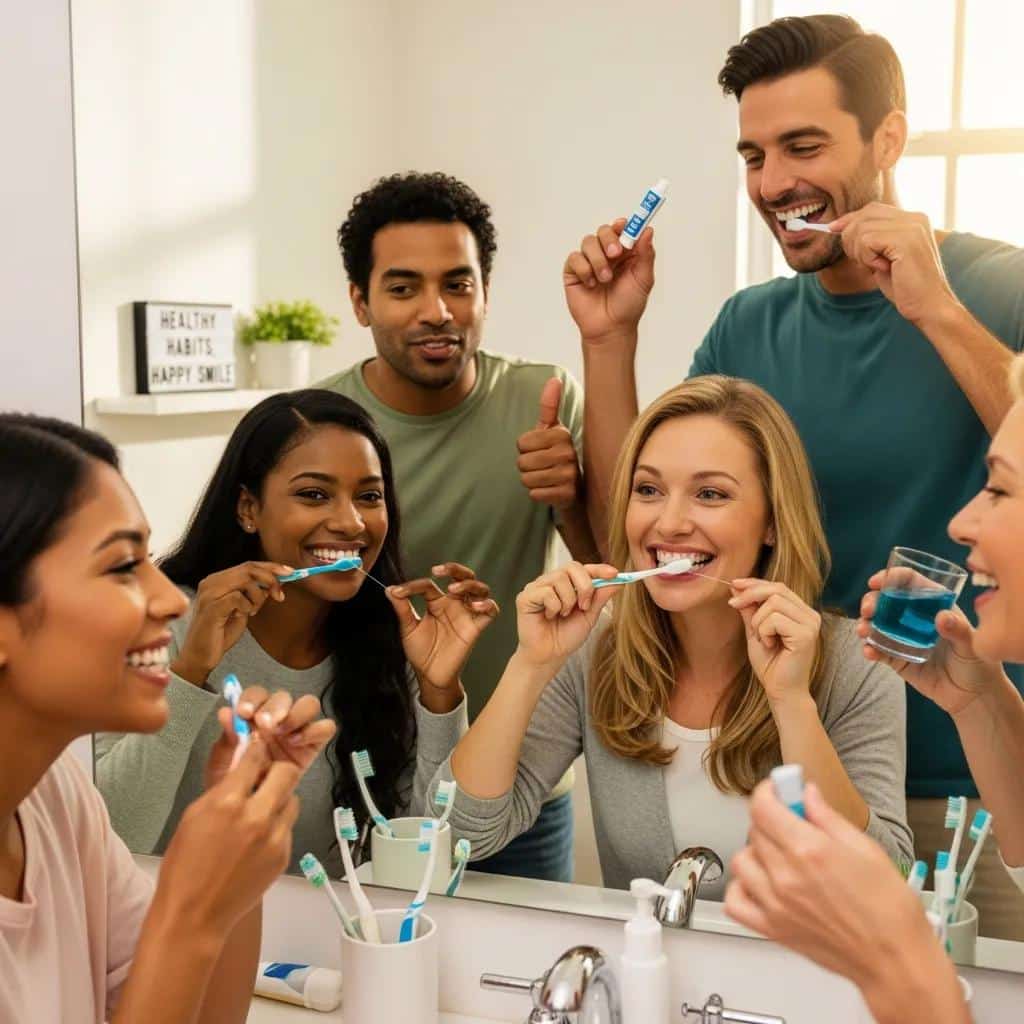 People practicing good oral hygiene together in a bright bathroom, highlighting healthy habits for implant care