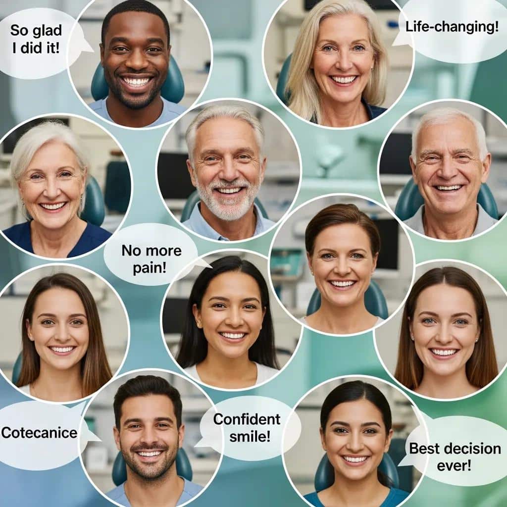 Diverse patients sharing positive dental implant recovery experiences