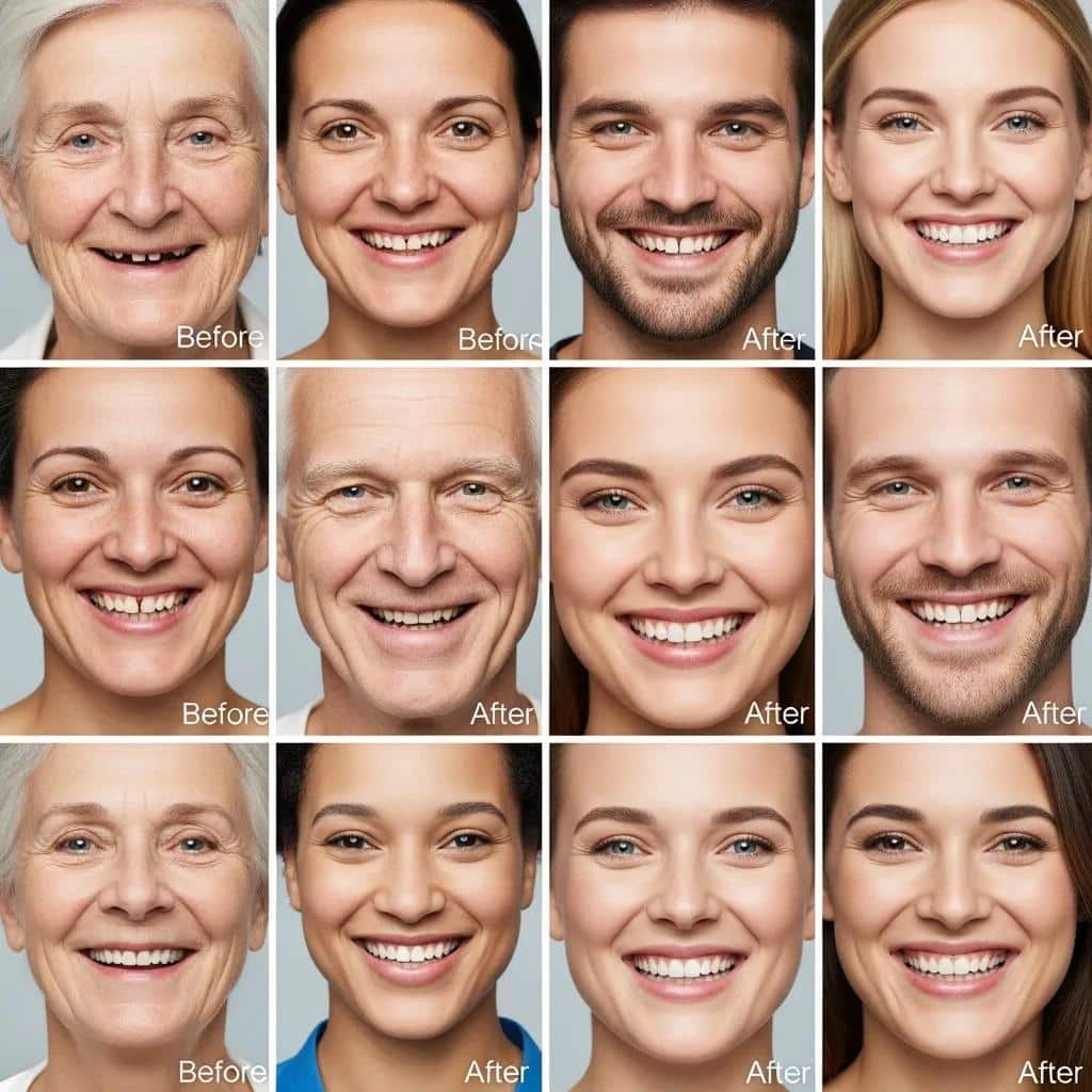 Diverse patients showcasing their smiles after dental implant procedures, reflecting satisfaction and confidence
