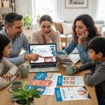 Family discussing dental health options with brochures and a laptop in a cozy home setting