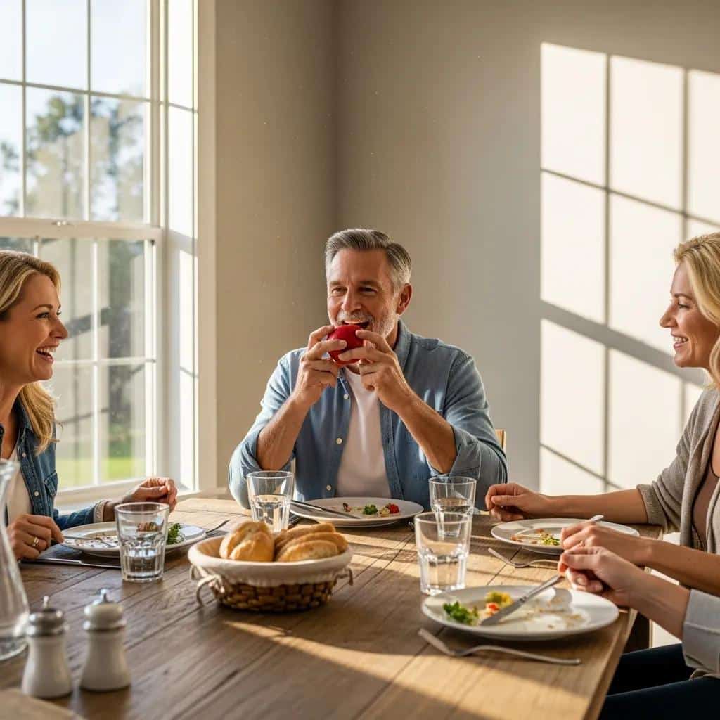 Family enjoying a meal, highlighting the benefits of dental implants in daily life
