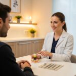 Friendly dentist consulting with a patient about dental implants in a warm clinic setting
