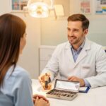 Friendly dentist consulting with a patient about dental implants in a warm clinic setting
