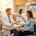 Friendly dentist consulting with a patient about dental implants in a welcoming clinic