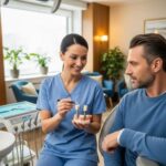 Friendly dentist discussing dental implants with a patient in a welcoming clinic environment