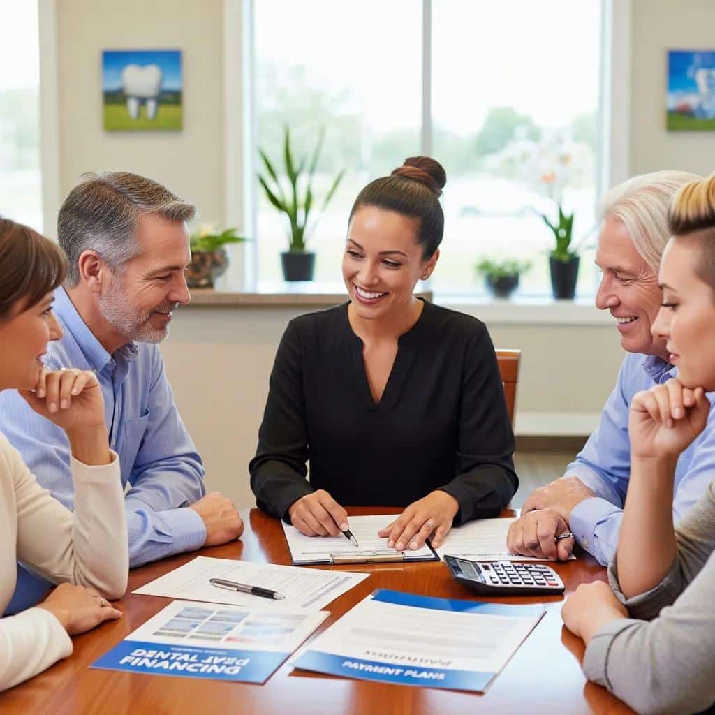 Group discussion on dental financing options in a welcoming dental office