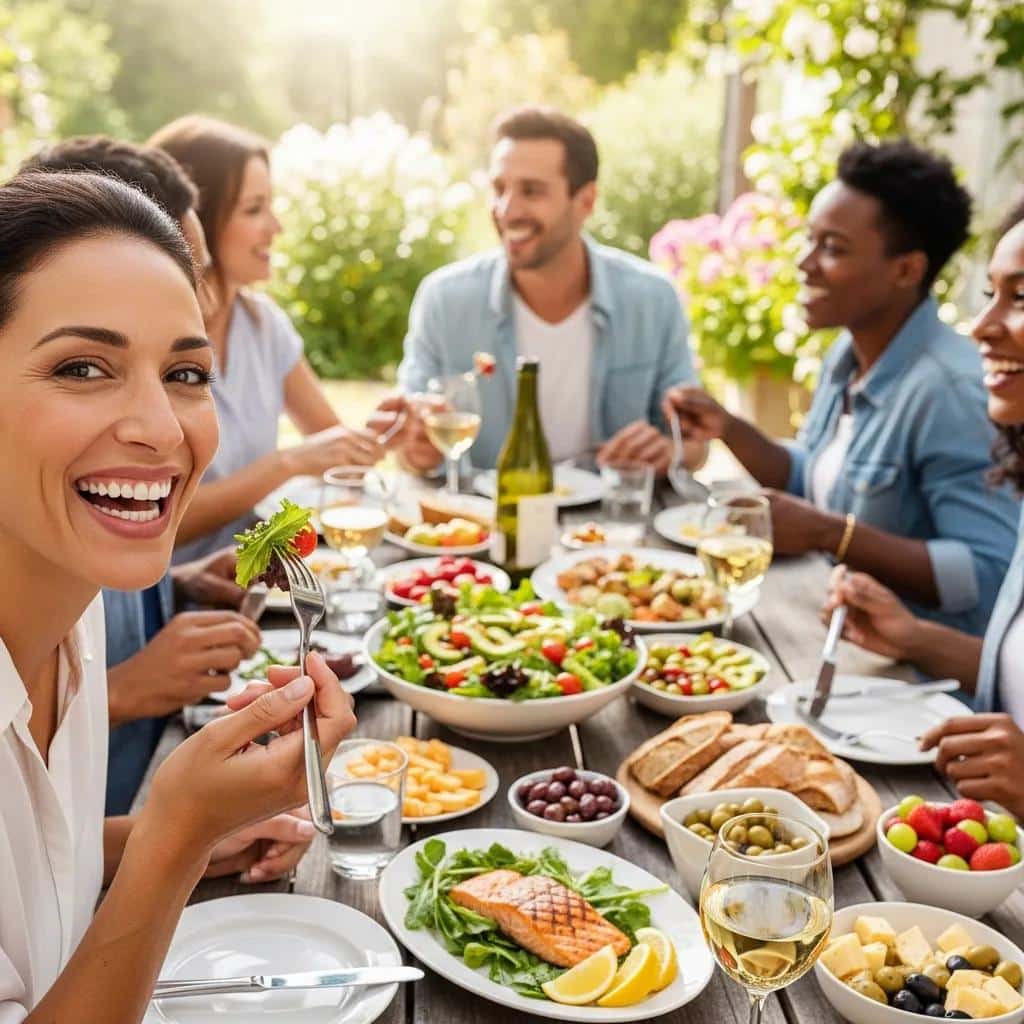Happy patient enjoying a meal with friends, reflecting satisfaction after dental implant treatment