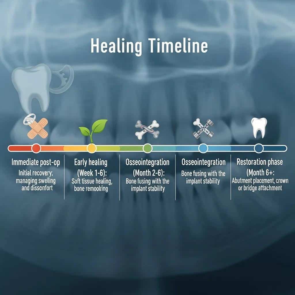 Healing timeline for dental implants showing key phases and durations