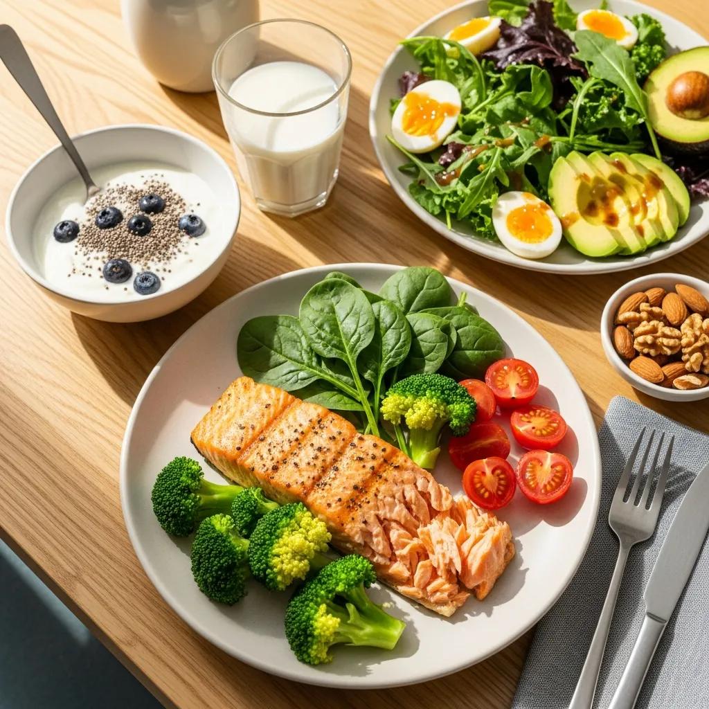 Nutritious plate of protein, calcium, and vitamins to support dental implant health