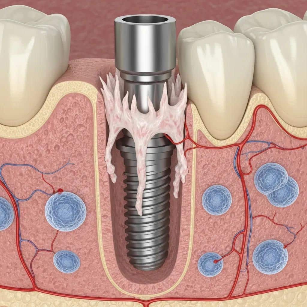 Illustration of the osseointegration process in dental implants showing bone integration