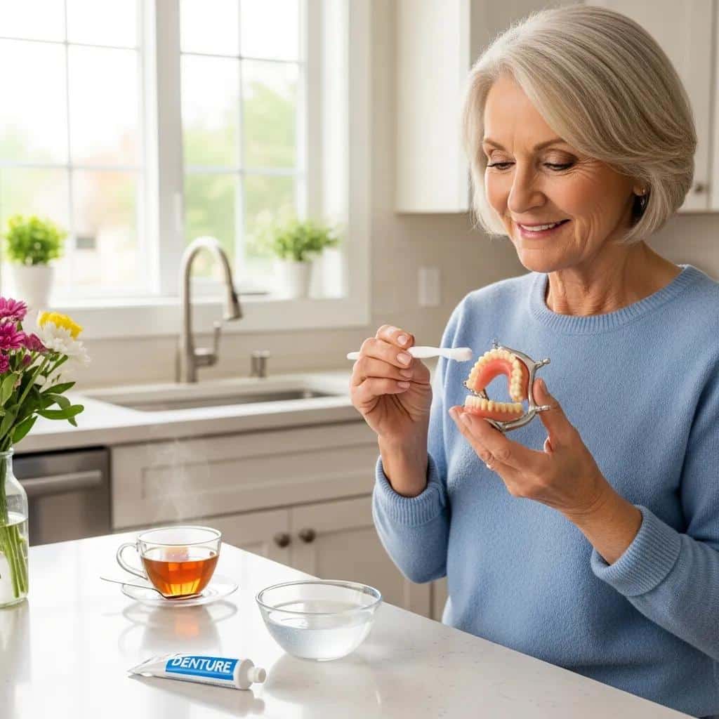 Individual cleaning dentures and a dental bridge in a bright kitchen setting