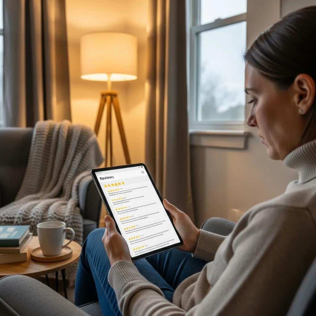 Individual reading dental implant reviews on a tablet in a cozy home environment, reflecting on authenticity