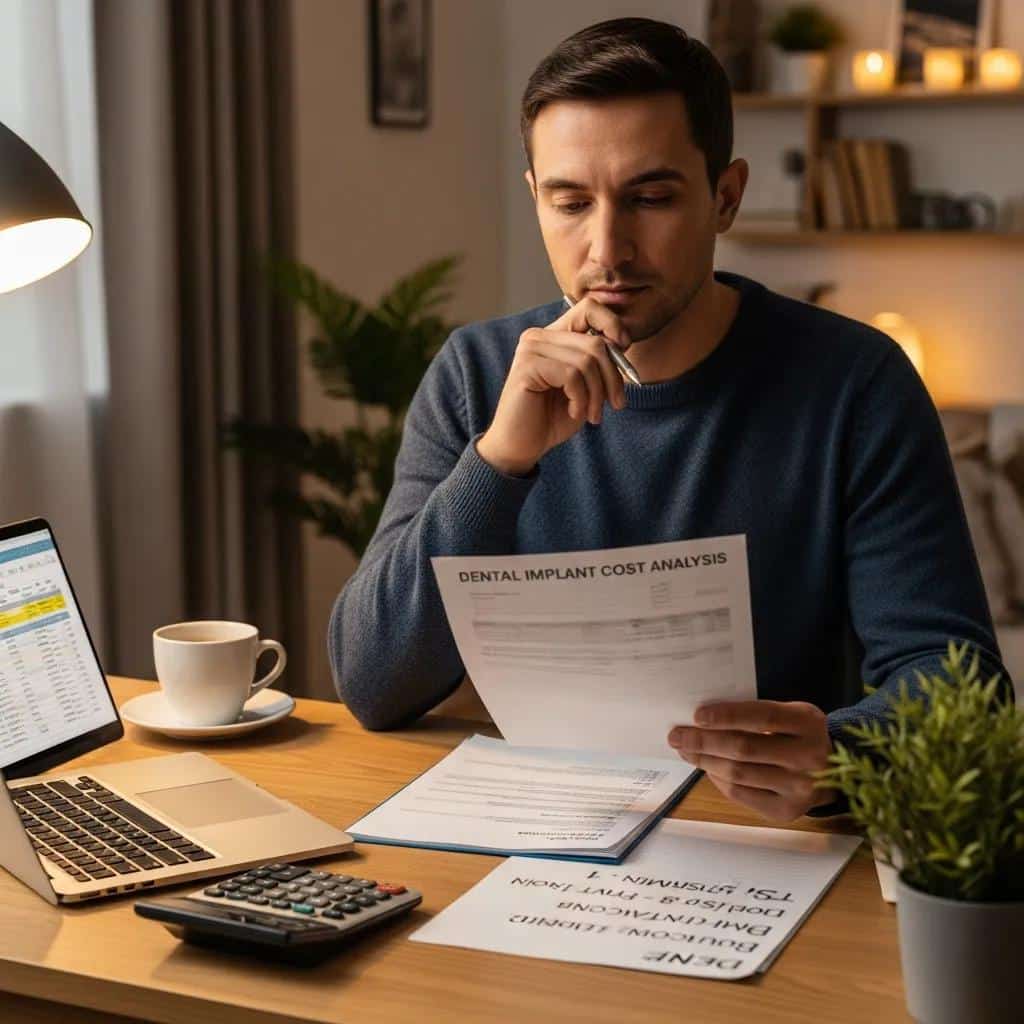 Individual reviewing financial documents for dental implants in a cozy home office setting