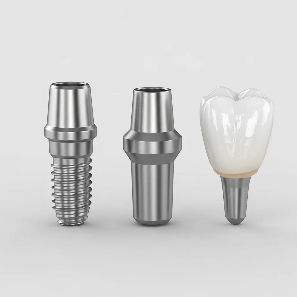 Illustration of implant parts: post, abutment, and crown