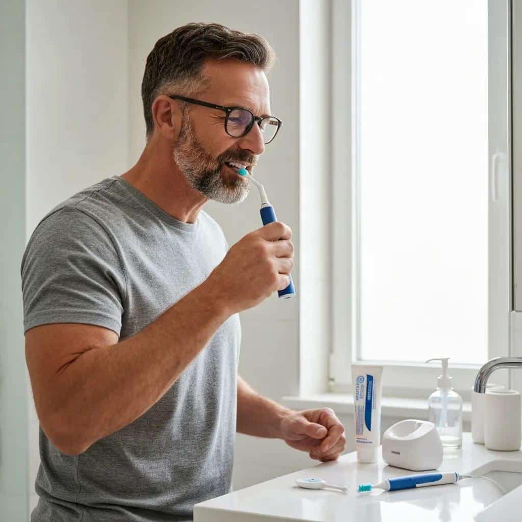 Middle-aged person practicing oral hygiene with dental implants in a bright bathroom