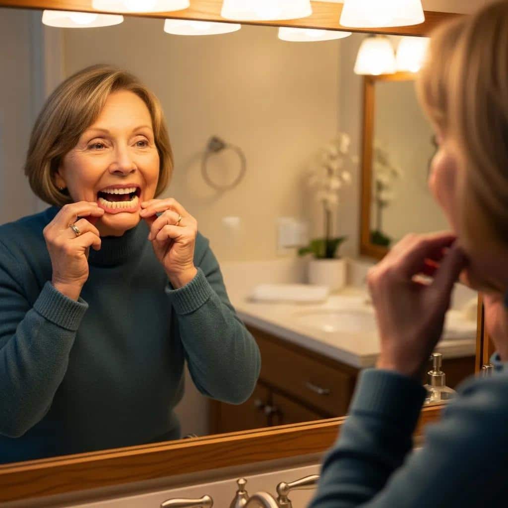 Patient adjusting full dentures in front of a mirror, emphasizing the adaptation process