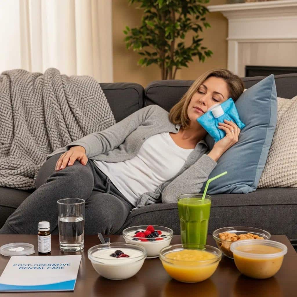 Patient at home applying ice pack and surrounded by soft foods, illustrating post-operative care after dental implant surgery