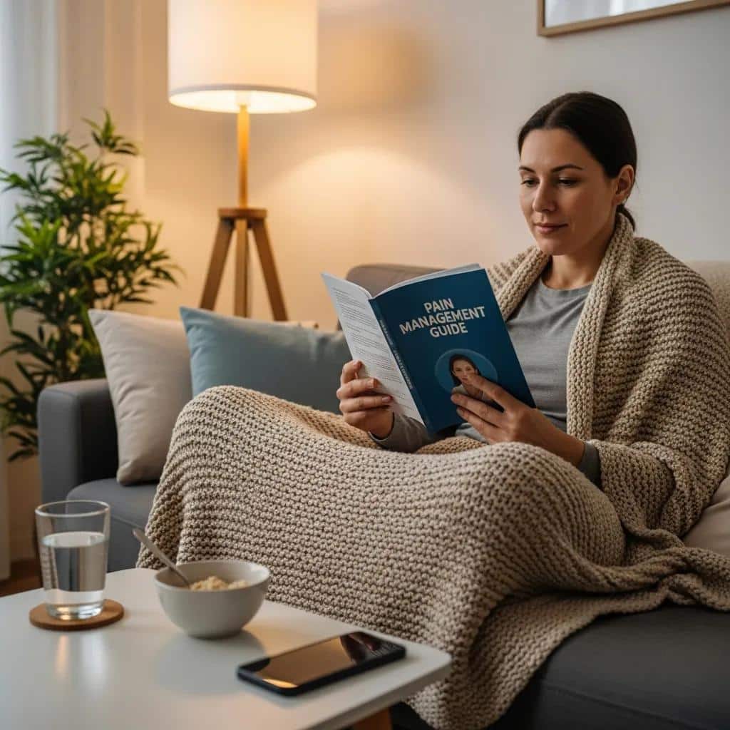 Patient at home recovering after dental implant surgery, focusing on comfort and pain management