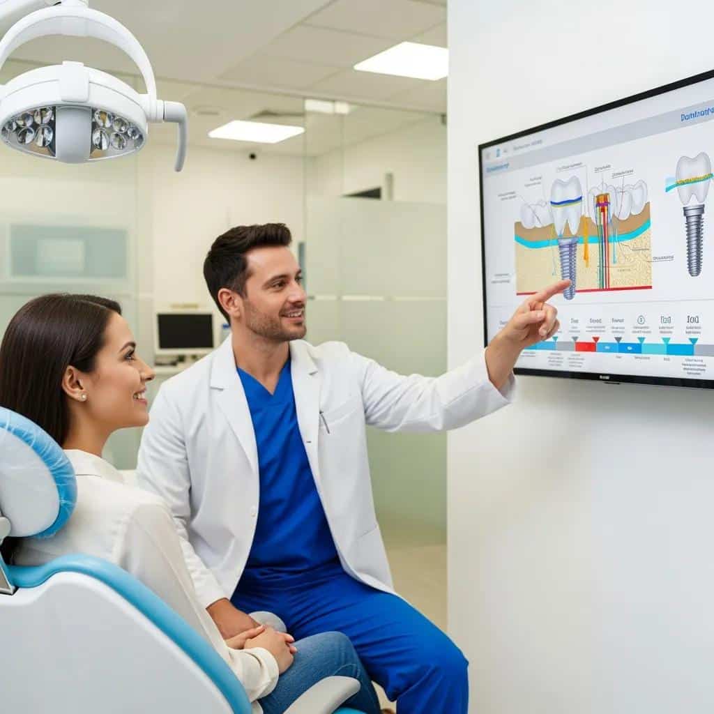 Dentist reviewing implant options with a patient in a modern clinic