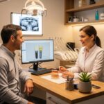 Patient consulting with dentist about dental implants in a welcoming dental clinic