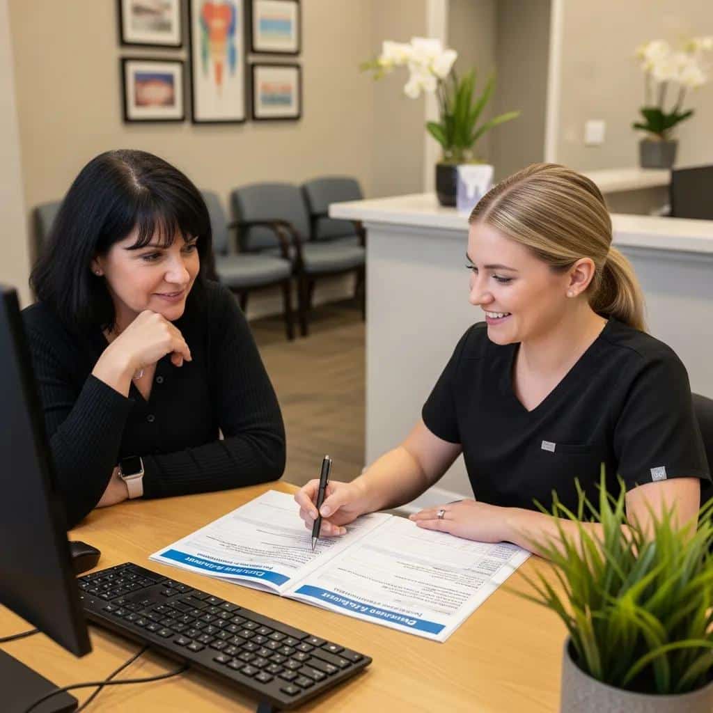Patient discussing financing options for dental implants with a dental office staff member