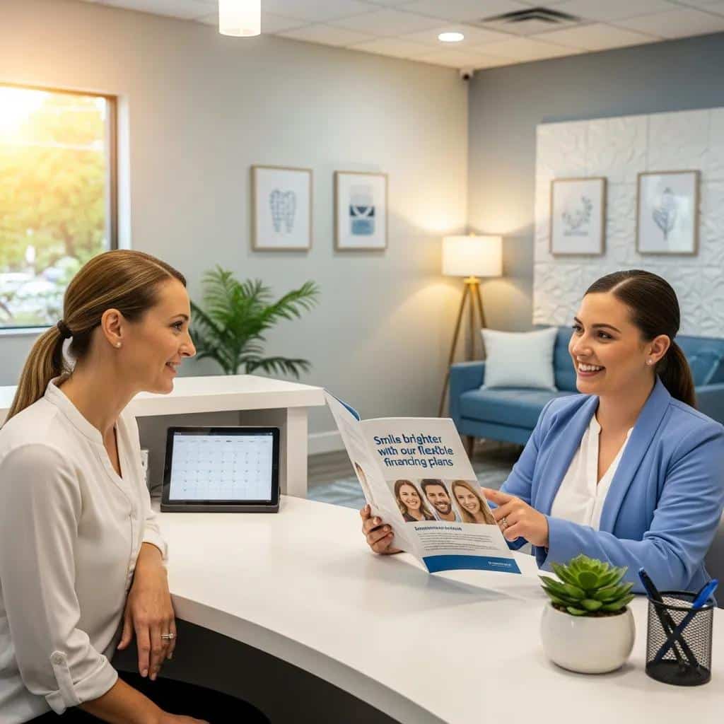 Patient talking with a staff member about financing options for dental implants in a modern office