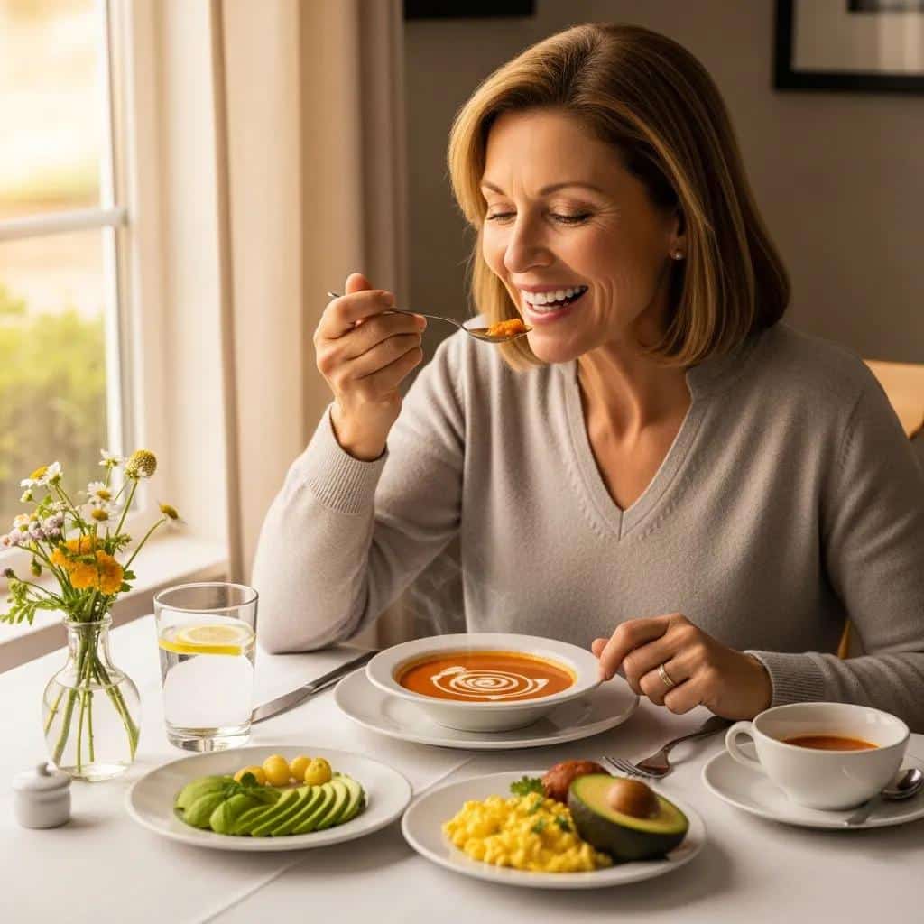 Patient enjoying a meal after dental bridge placement, highlighting quick recovery