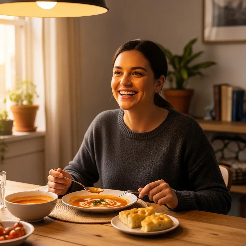 Patient enjoying a meal after receiving a dental bridge