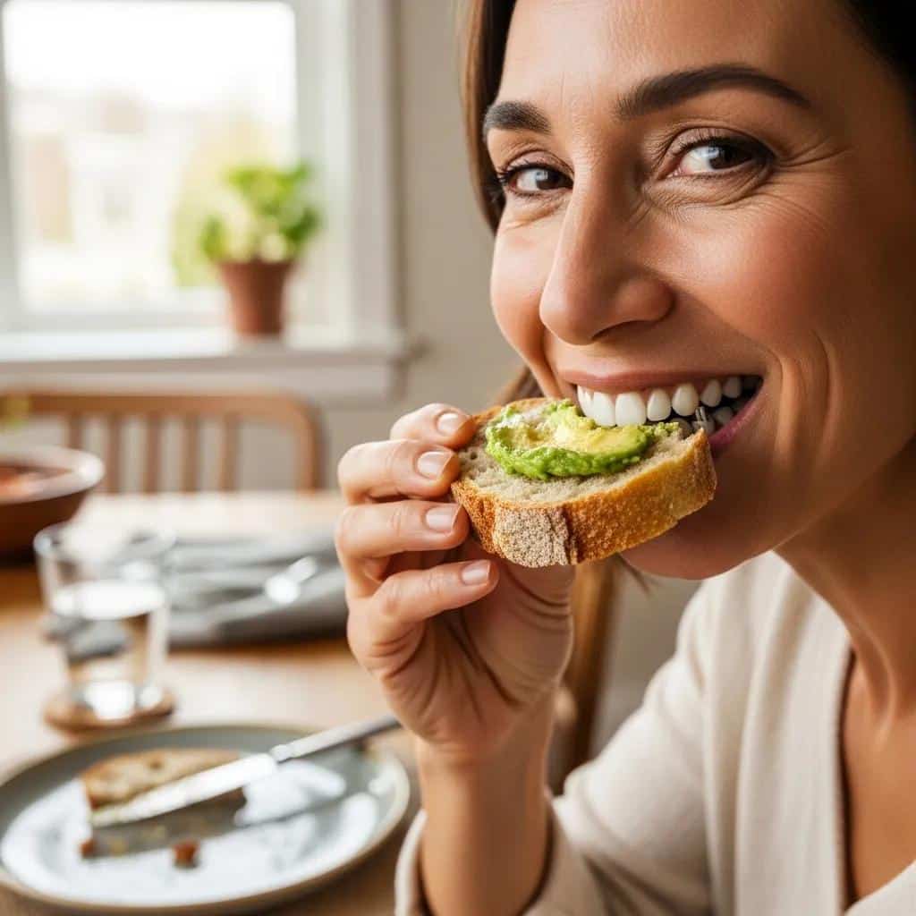Patient enjoying a meal, demonstrating the comfort and functionality of dental implants in a cozy dining setting
