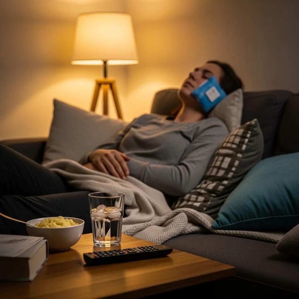 Patient managing pain at home after dental implant surgery with cold pack and soft foods