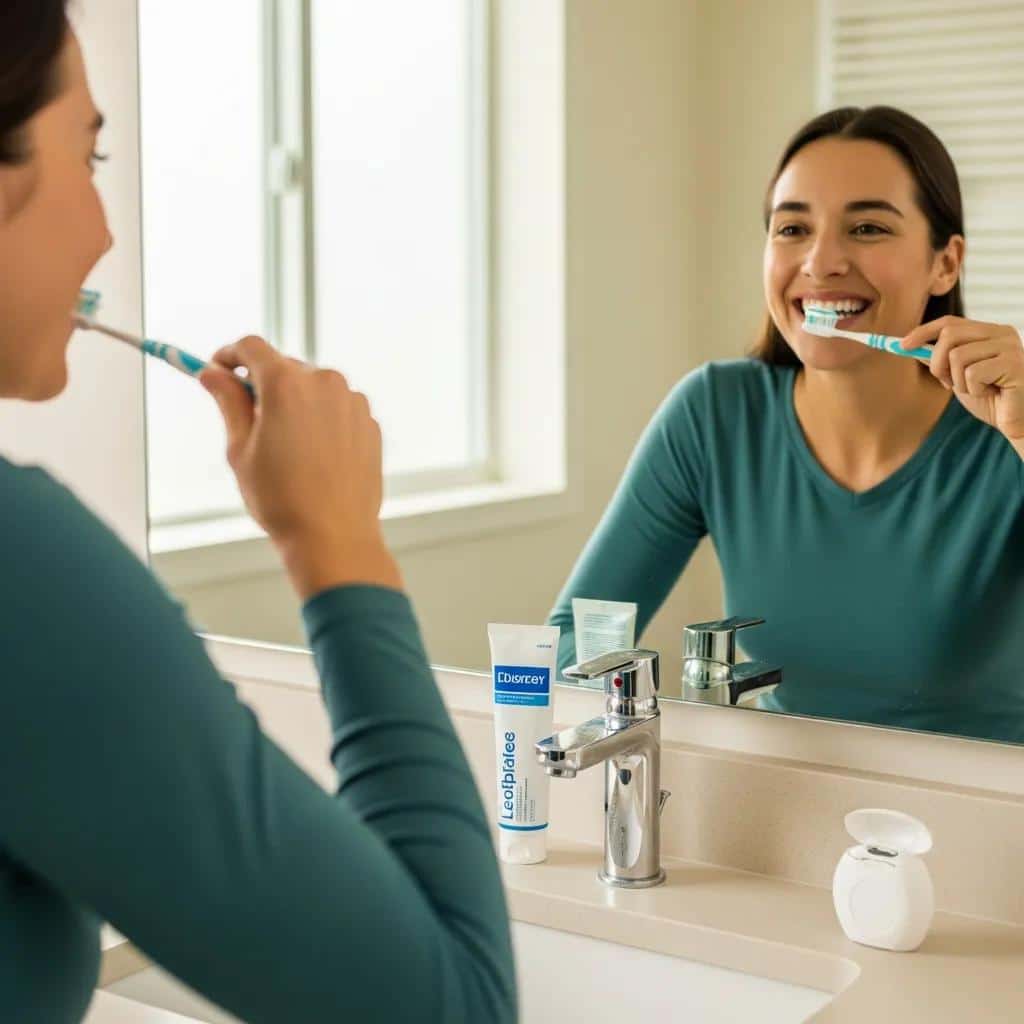 Patient practicing good oral hygiene in a bright bathroom, illustrating the impact of patient factors on restoration lifespan