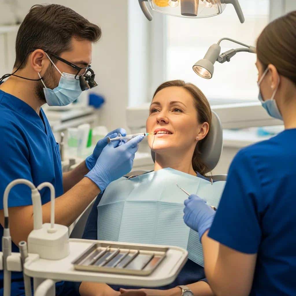 Patient receiving local anesthesia during dental implant surgery