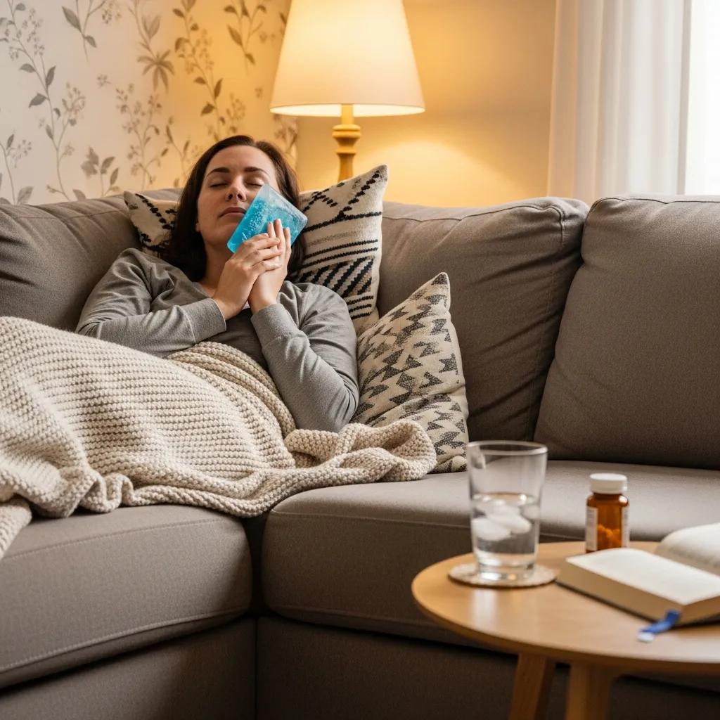 Patient resting at home after dental implant surgery with ice pack