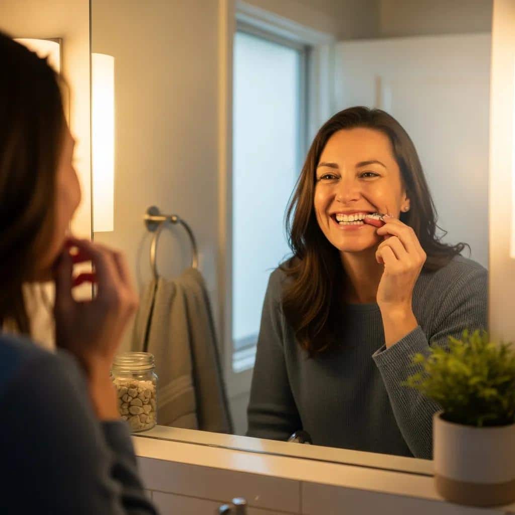 Patient smiling while adjusting to new dentures in a bathroom mirror