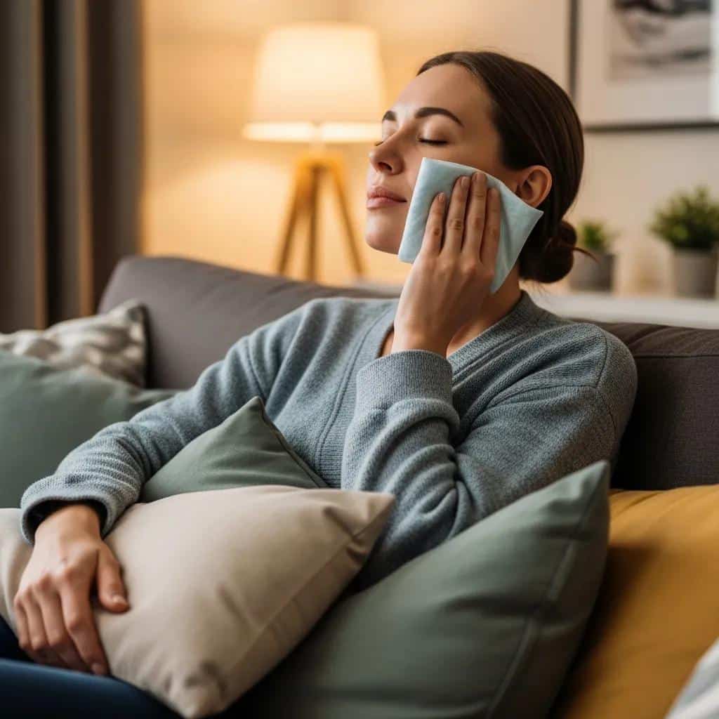 Patient using a cold compress at home for pain management after dental implant surgery