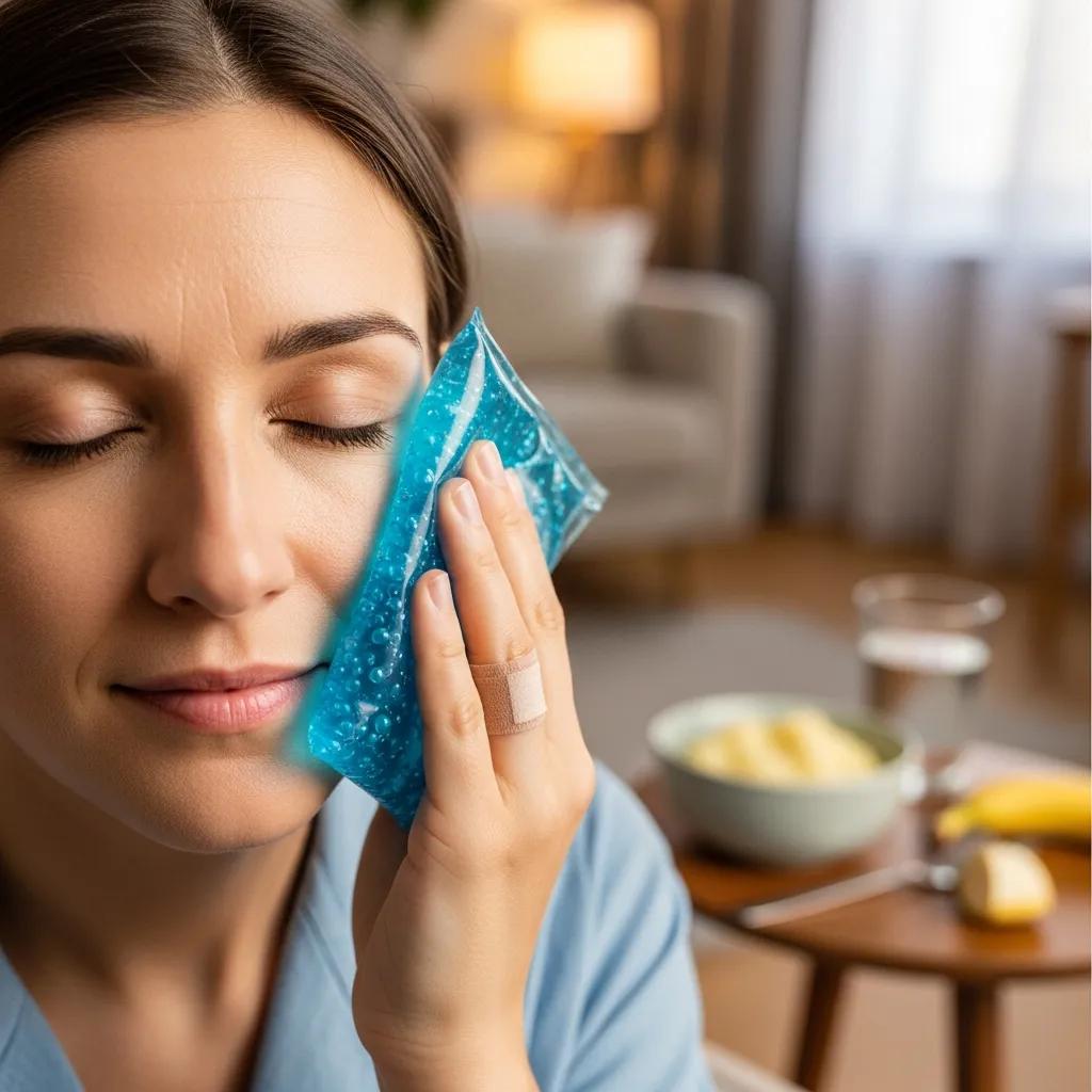 Patient using a cold compress for pain relief after dental implant surgery