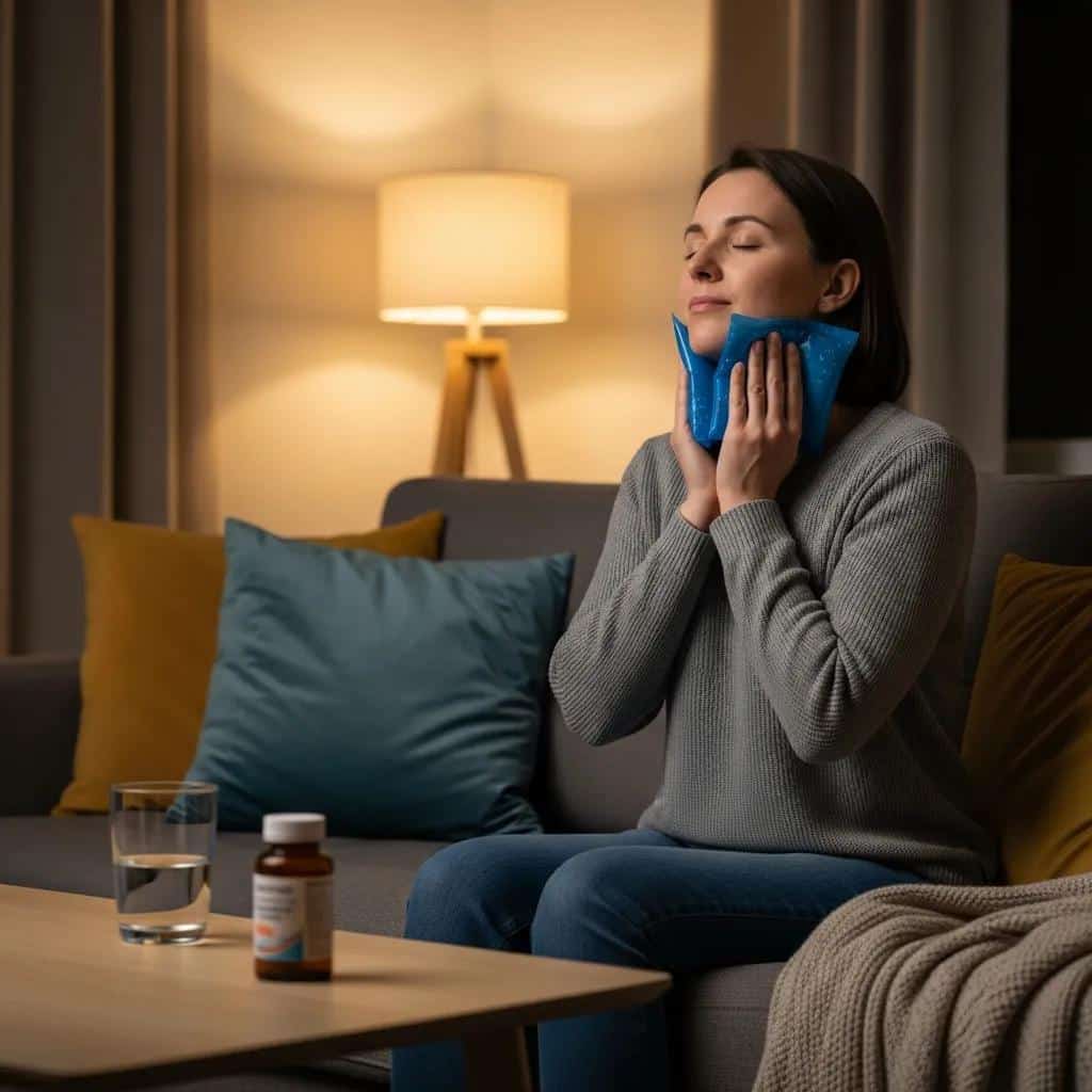 Patient using a cold compress for pain relief during dental recovery