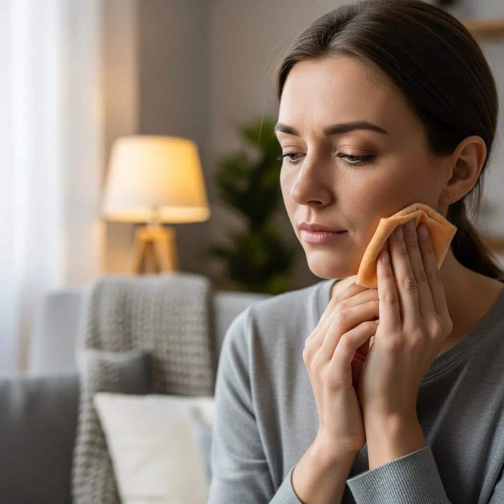 Patient using a warm compress on their jaw to manage dental implant pain at home