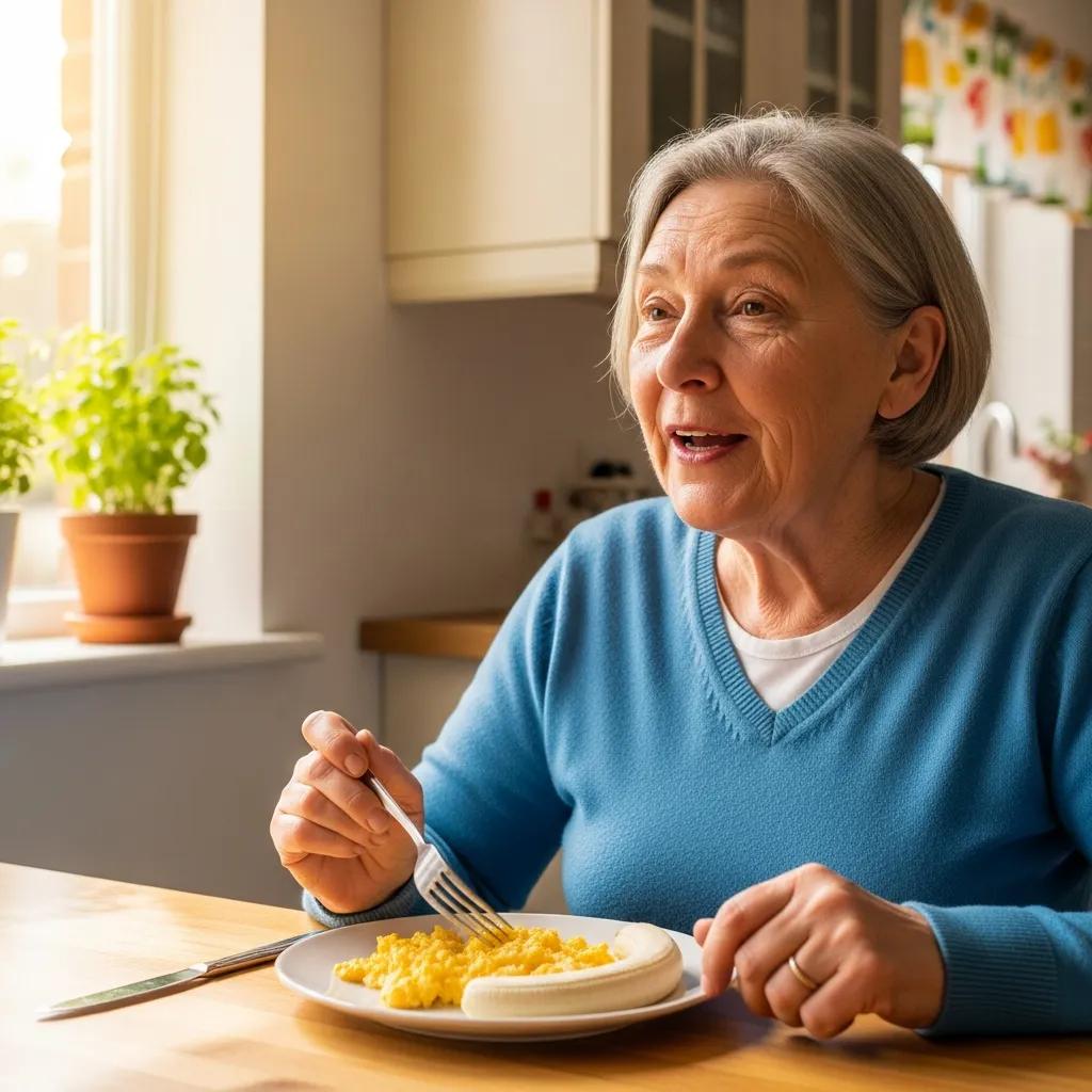 Person adjusting to new dentures while practicing eating and speaking