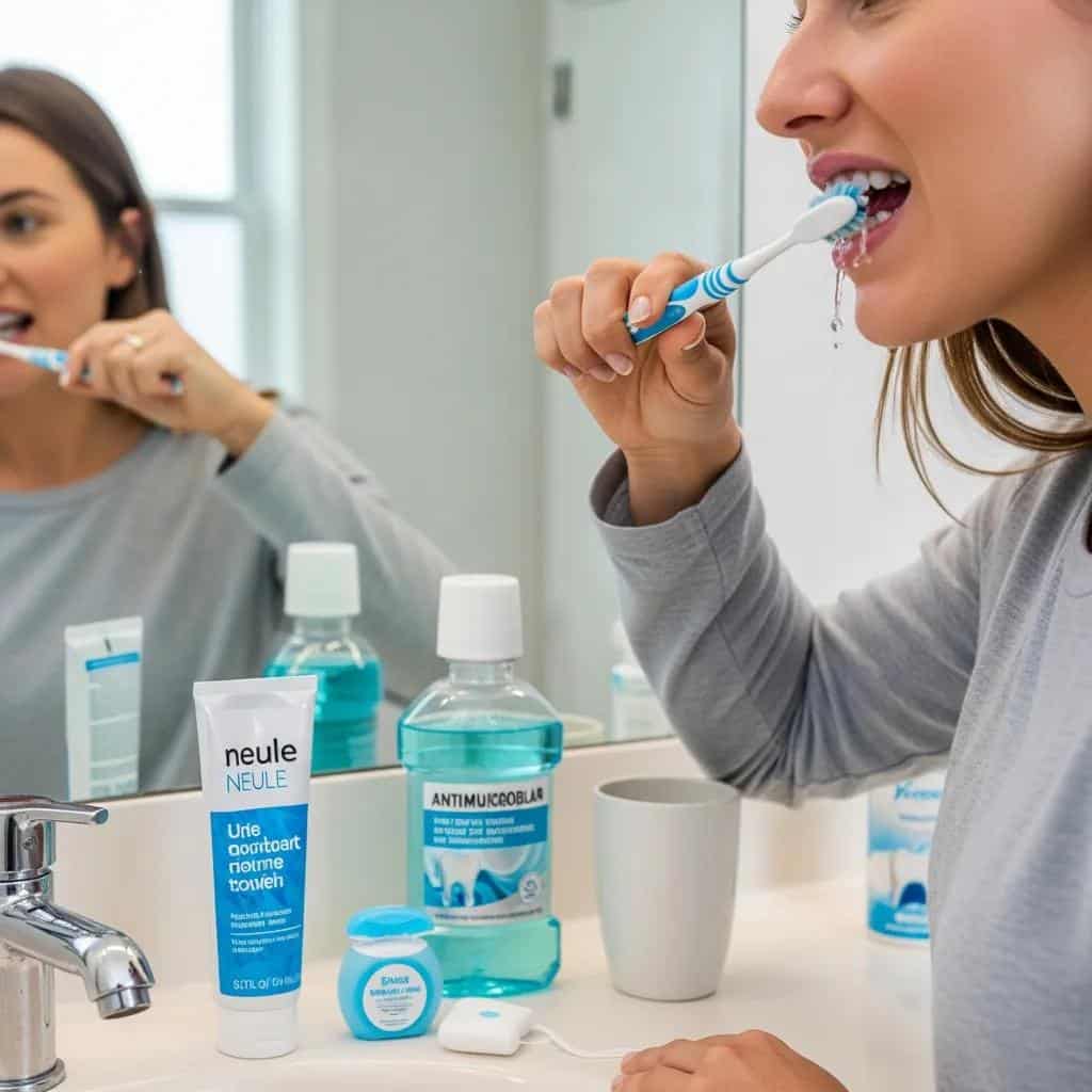 Person brushing teeth emphasizing dental hygiene for implants