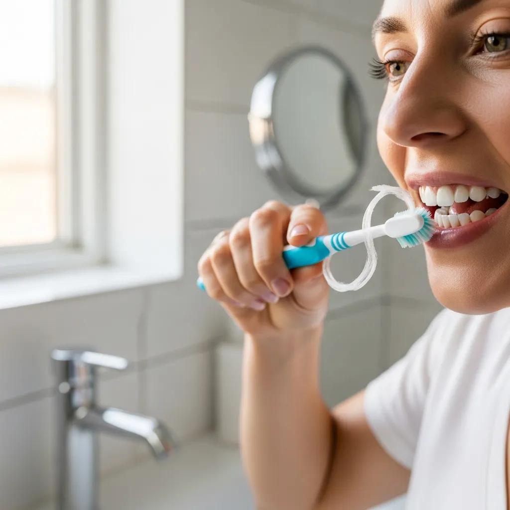 Person brushing teeth with a soft toothbrush to protect dental implants