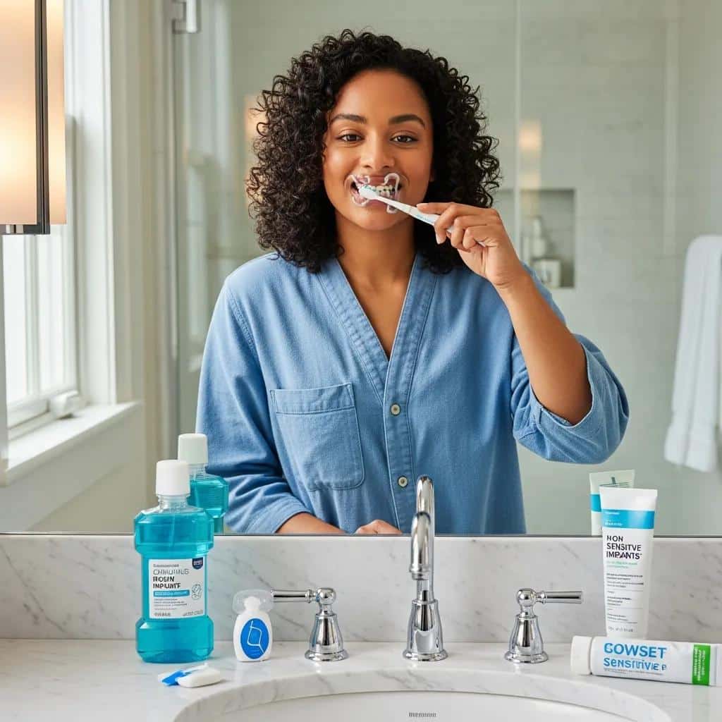 Person brushing teeth with an implant‑safe toothbrush — the importance of oral hygiene for dental implants