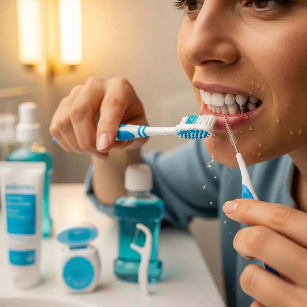 Person gently cleaning dental implants with a soft toothbrush and interdental brush in a well-lit bathroom