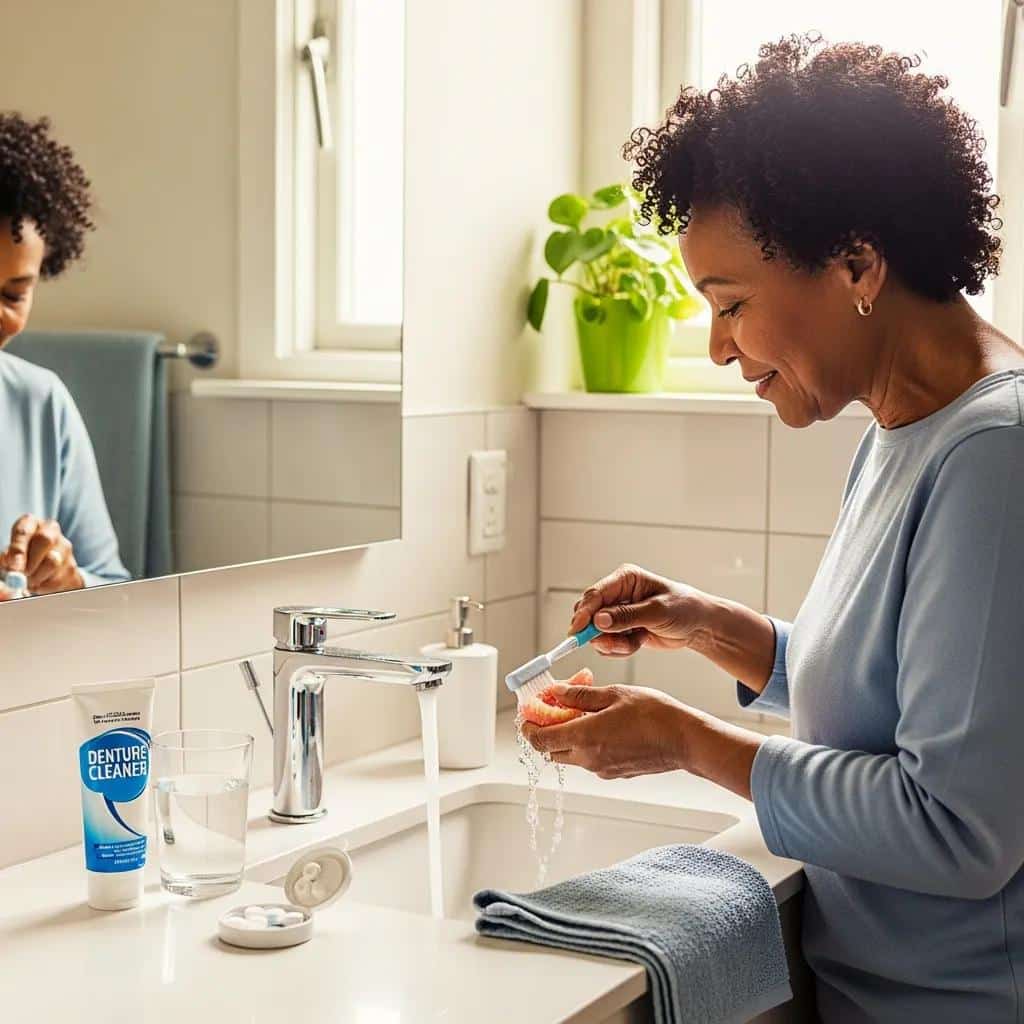 Person cleaning dentures in a bright bathroom, highlighting ongoing care and hygiene practices