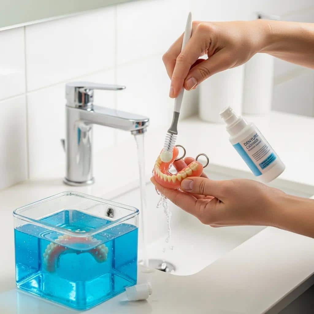 Person cleaning dentures with a denture brush and soaking solution in a bright bathroom setting