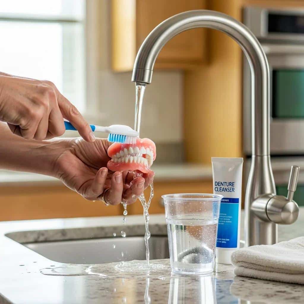 Person cleaning dentures with a soft brush and denture cleanser in a kitchen